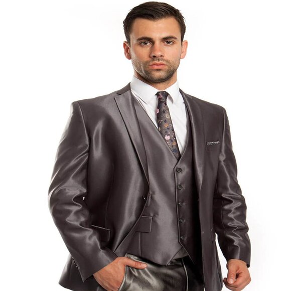 Mens Tazio Vested Slim Fit Shiny Sharkskin Suit in Charcoal - Picture 1 of 2